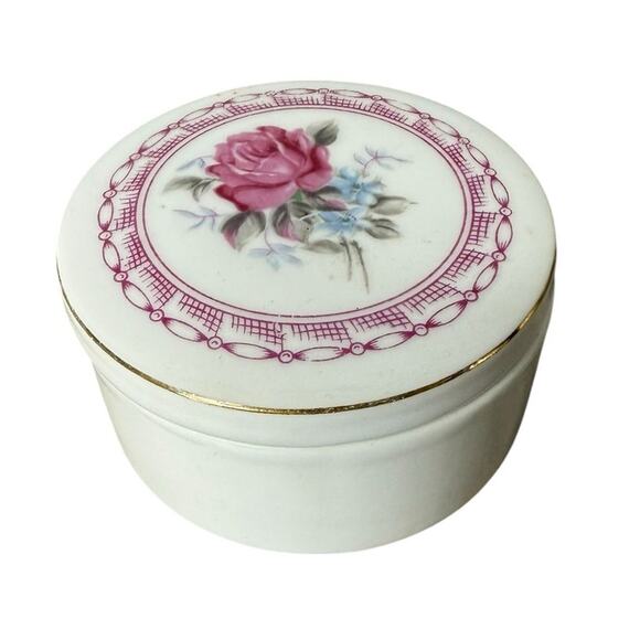 Vintage White Porcelain Trinket Box with lid gold rim and pink flower - Picture 4 of 7